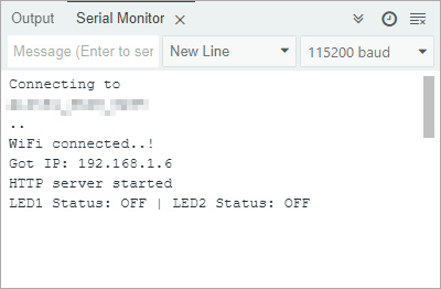 Serial Monitor showing LED control requests