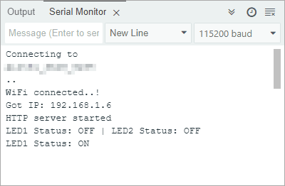 Serial Monitor showing LED control requests