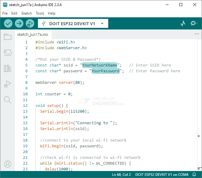 Change SSID and password before uploading the STA sketch